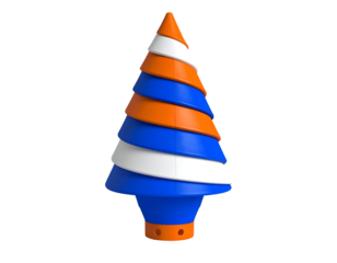 Abstract Christmas tree made from stacked orange, white, and blue conical sections on a black background.