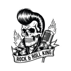 Fototapeta premium Rock and Roll King Skull with Microphone and Flames Illustration.