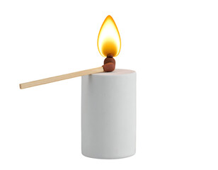Brightly lit matchstick with an orange flame resting on a clean white cylinder, isolated on a stark black background, representing new beginnings and ignition.