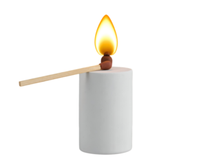 Brightly lit matchstick with an orange flame resting on a clean white cylinder, isolated on a stark black background, representing new beginnings and ignition.