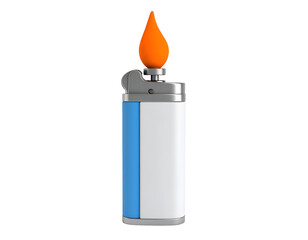 Modern Lit Gas Lighter with Orange Fire Flame. White and Blue Cigarette Lighter Isolated on Black Background
