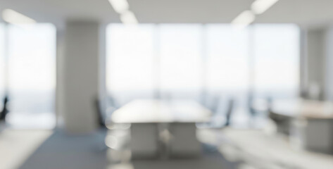 Bright modern office interior with blurred conference table and large windows, sunlit glass reflections, open working area, and peaceful minimal atmosphere perfect for teamwork and creativity