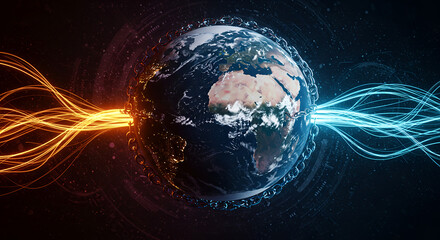 Global connectivity and modern technology,  Planet Earth connected by blue and orange energetic light currents