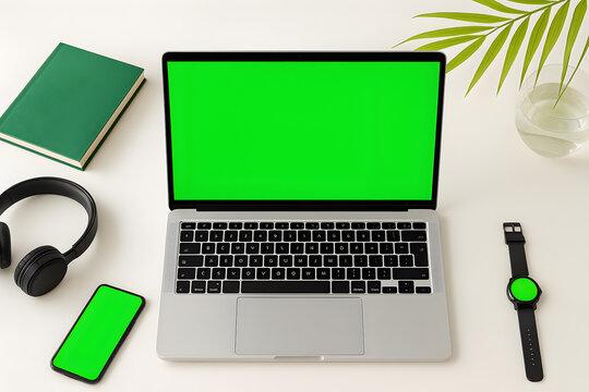 Laptop, Smartphone, and Smartwatch Mockup with Green Screen on Minimal Desk Setup