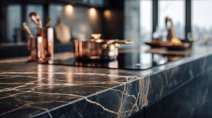 Ultra Luxury Black Marble Countertop Close-up with Dramatic Veins and Cinematic Bokeh for Commercial Use