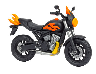 Claymation Black Motorcycle Model with Orange Flames and Accents, Handcrafted Art on Black Background