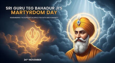 Sri guru teg bahadur ji martyrdom day remembrance with divine light and portrait