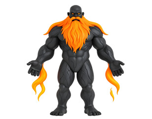 Dark fantasy creature with powerful muscular body, vibrant orange fiery beard, and glowing eyes against a black background.
