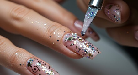 Close up of applying glitter and gems to long acrylic nails with a tool for a decorative effect