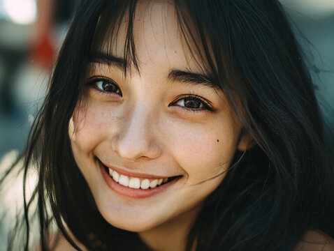 Close-up portrait of a smiling young woman outdoors