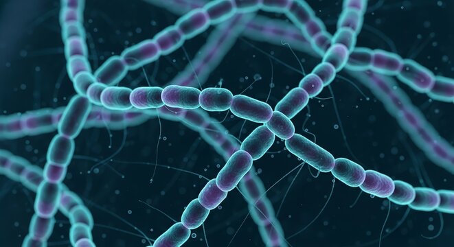 Microscopic view of streptobacillus bacteria cells forming chains in a dark environment perfect for scientific research and medical illustrations