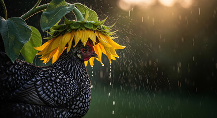 Chicken seeks shelter under a sunflower during a rain shower. Humorous and heartwarming, ideal for greeting cards, farm-themed designs, or rural lifestyle publications.