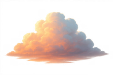 Fluffy cumulus cloud, glowing orange and pink during sunset, isolated with transparent background