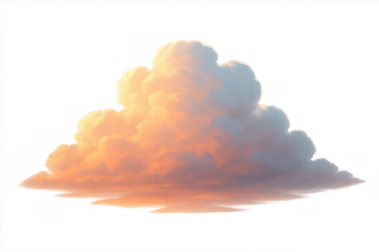 Fluffy cumulus cloud, glowing orange and pink during sunset, isolated with transparent background