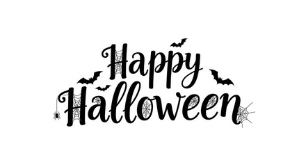 Vector Black Calligraphy Happy Halloween Text with Spider Web and Bats on White Background