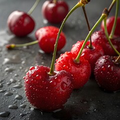 Close up image of ripe red cherries with water droplets