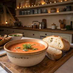 Close up of tomato soup and bread on a wooden tray