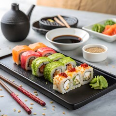 Colorful assortment of sushi rolls with ginger soy and wasabi