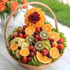 Colorful fruit basket with orange kiwi and berries arrangement
