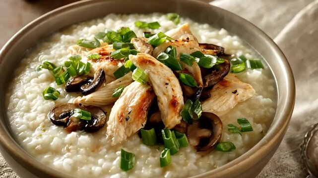 Bowl of chicken congee with mushroom and scallion on a table, 4k video