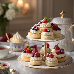 Delicate pastries arranged on a tiered tray with fresh berries