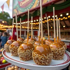 Delicious Caramel Apples on Sticks at a Festive Carnival