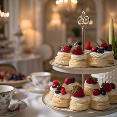 Delicate pastries filled with cream topped with fresh berries