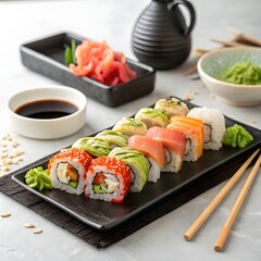 Delicious sushi rolls arranged with ginger wasabi and soy sauce