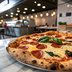 Fresh baked pepperoni pizza with melted cheese and fresh basil
