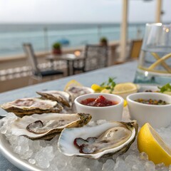 Fresh oysters served on ice with lemon wedges at a restaurant