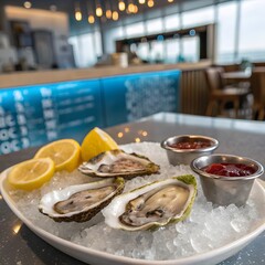 Fresh oysters on ice with lemon wedges and mignonette