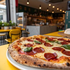 Freshly baked pizza with pepperoni and melted cheese on yellow table