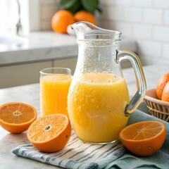 Freshly squeezed orange juice in a clear glass pitcher