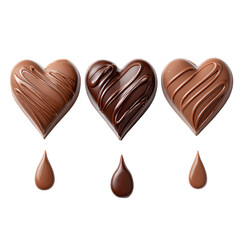Fototapeta premium Three heart shaped chocolates dripping delicious chocolate on black background