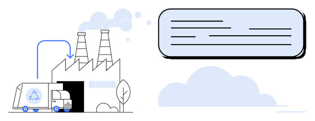 Recycling truck enters a factory as emissions rise from chimneys surrounded by trees and clouds. Ideal for sustainability, environment, recycling, pollution, industry, logistics, waste reduction