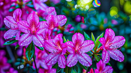 Beautiful pink azalea flowers with fresh water droplets in garden after rain