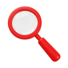A bright red magnifying glass with a white lens isolated on transparent background