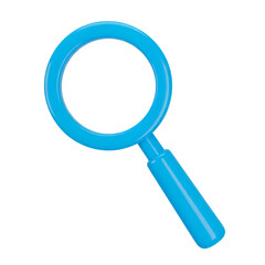 Bright blue magnifying glass tool for investigation and discovery isolated on transparent background