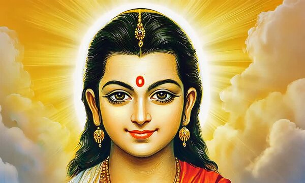 Serene Divine Face Illuminated by Golden Divine Light and Soft Clouds.