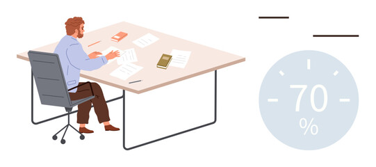 Man seated at desk analyzing paperwork with books, documents, and a 70 progress gauge. Ideal for productivity, workflow, time management, office tasks, business analysis, workplace focus