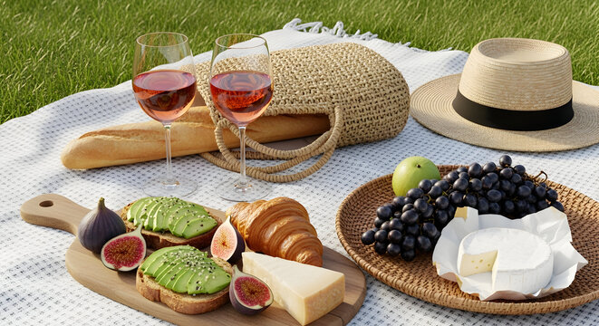 Idyllic autumn healthy food picnic spread on green grass with wine, cheese, fruits, and avocado toast, perfect for a relaxing outdoor meal.