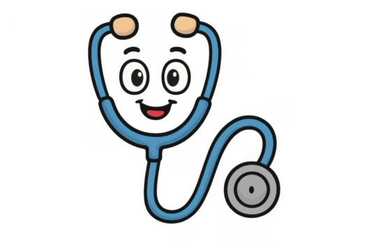 Stethoscope cartoon character smiling, representing healthcare, medicine, and wellness with a friendly face