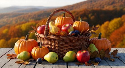 Abundant autumn healthy food harvest: Rustic basket filled with pumpkins, apples, pears, and plums on a wooden table, set against a vibrant fall forest.