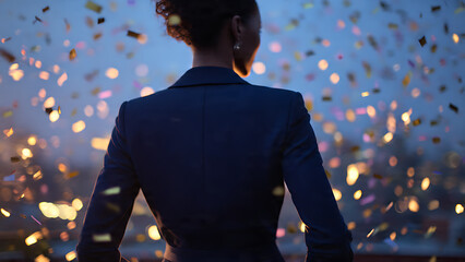An elegant woman stands with her back turned, amidst a confetti shower, conveying celebration and achievement. The city lights twinkle in the background.