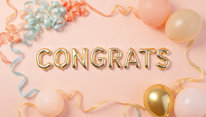 Congratulations celebration balloons and streamers. A festive display with a soft color palette that evokes a feeling of joy and celebration. Perfect for announcements, special occasions.
