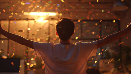 A man with arms open, celebrating under falling confetti. Celebrate the joy and success, representing achievement
