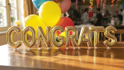 Congrats balloon decorations, on a wooden table, with balloons behind it