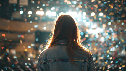 A woman standing amidst a shower of confetti under bright lights, facing away from the camera