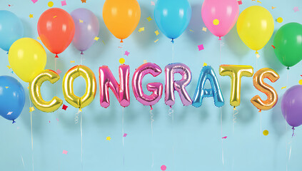 A colorful congratulatory display with balloons and confetti, perfect for celebrating an achievement. A banner that spells out CONGRATS is the focus of the photo