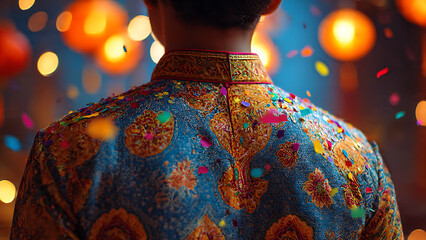 An individual in an ornately decorated traditional garment, a captivating view from the back